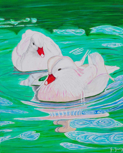 White Mandarin Ducks Painting - Print on Canvas